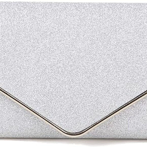 𝅺CLUTCH Sparkling Envelope Silver Textured Handbag Shoulder Chain NIB - Picture 11 of 14